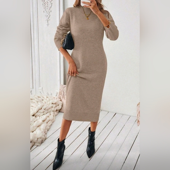 New Chic Oversized Knit Sweater Midi Dress Light Khaki Tan - Picture 2 of 10